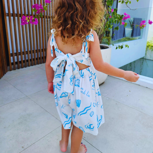 Pearl Playsuit - Girls White Linen Playsuit with Seashell Print | Cali Lu