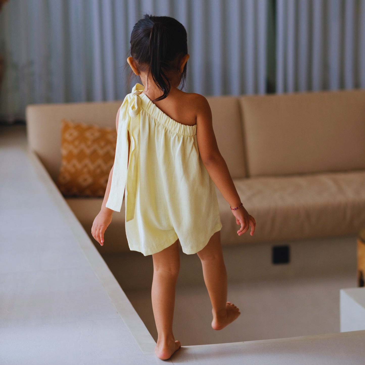 Lemonade Playsuit - Girls One Shoulder Linen Romper | Cali Lu