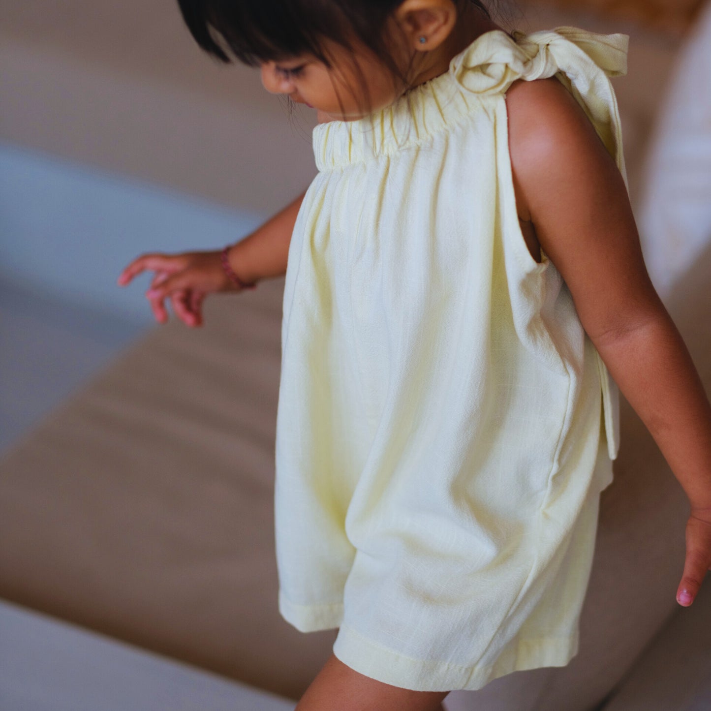 Lemonade Playsuit - Girls One Shoulder Linen Romper | Cali Lu
