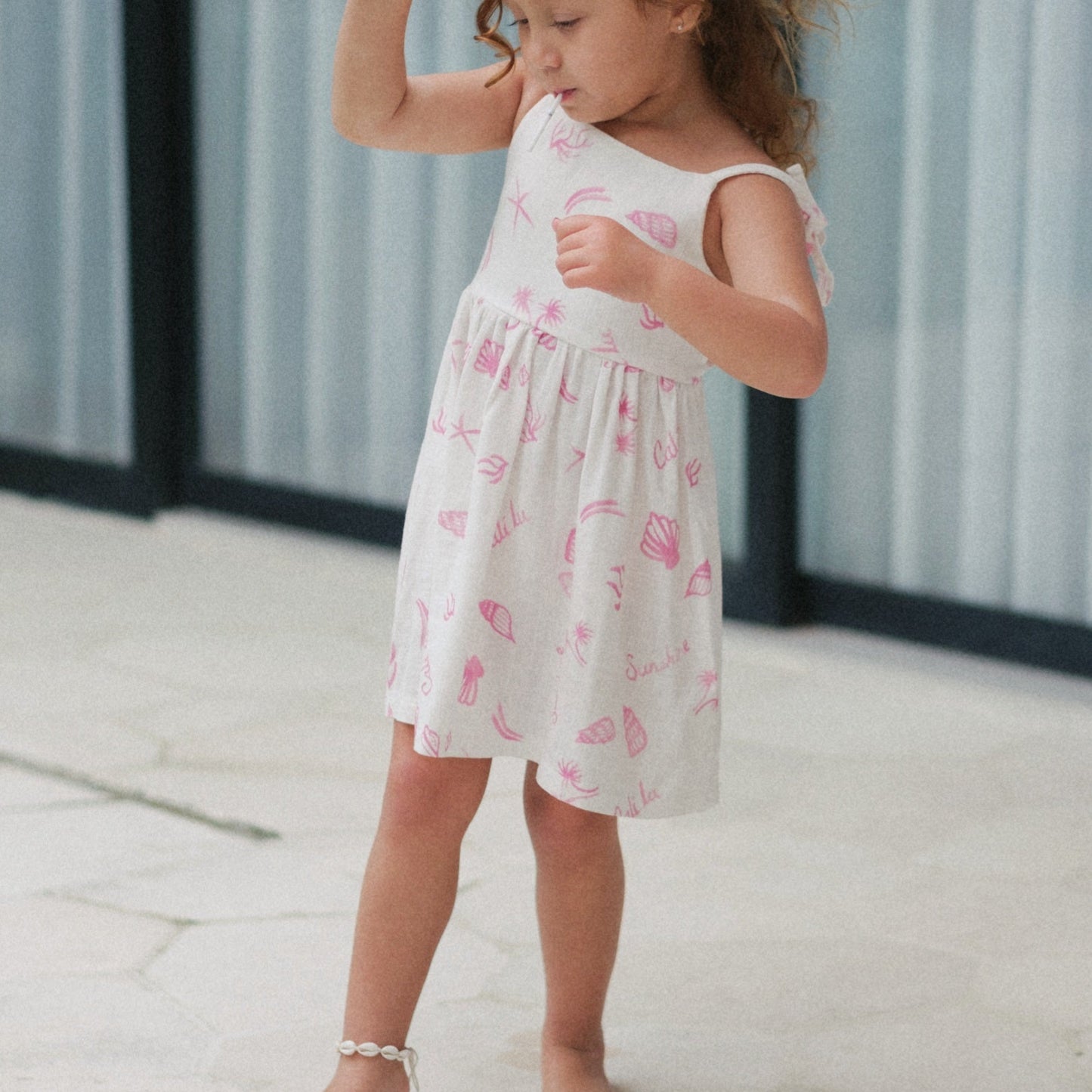 Milly Dress - Girls Pink Linen Dress with Seashell Print | Cali Lu