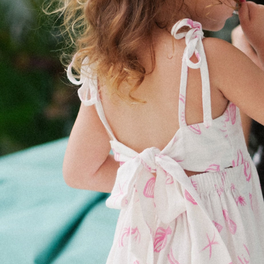 Milly Dress - Girls Pink Linen Dress with Seashell Print | Cali Lu
