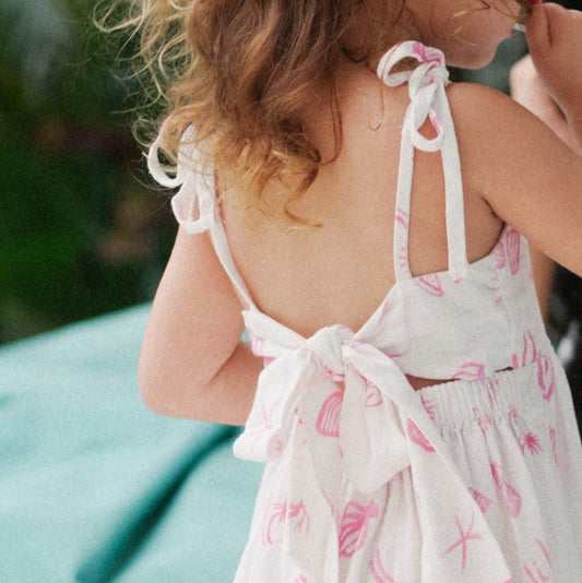 Milly Dress - Girls Pink Linen Dress with Seashell Print | Cali Lu